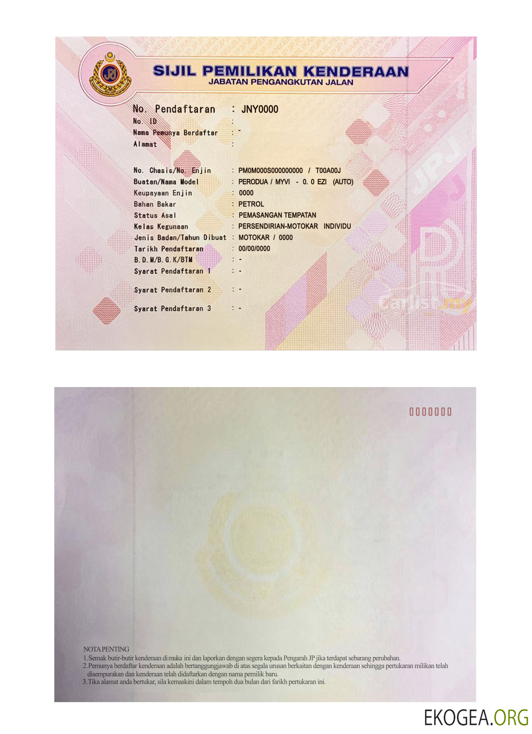 Malaisie JPJ Certificat de propriété de véhicule (VOC), carte d'immatriculation de voiture